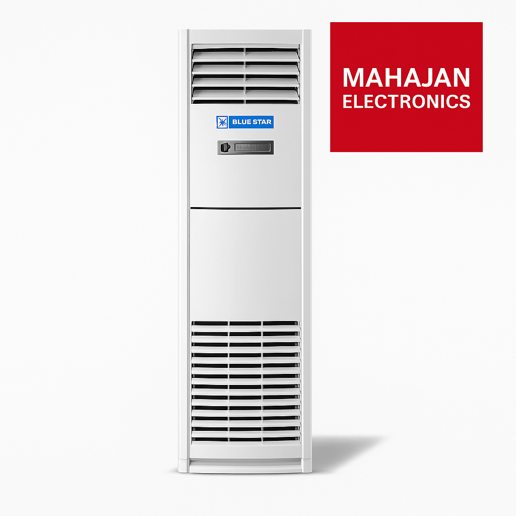 White air conditioner with Blue Star logo and Mahajan Electronics branding on a white background