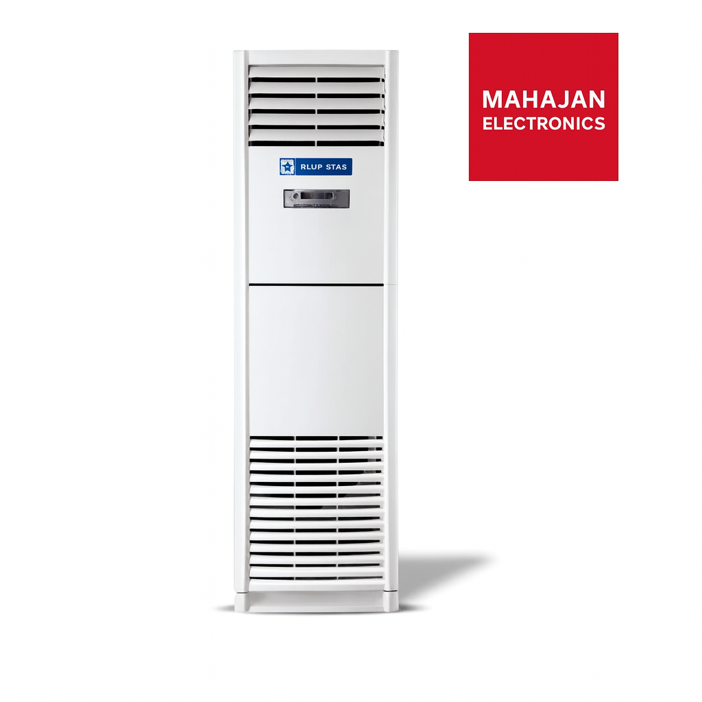 Tall white air conditioner with 'MAHAJAN ELECTRONICS' logo on a white background