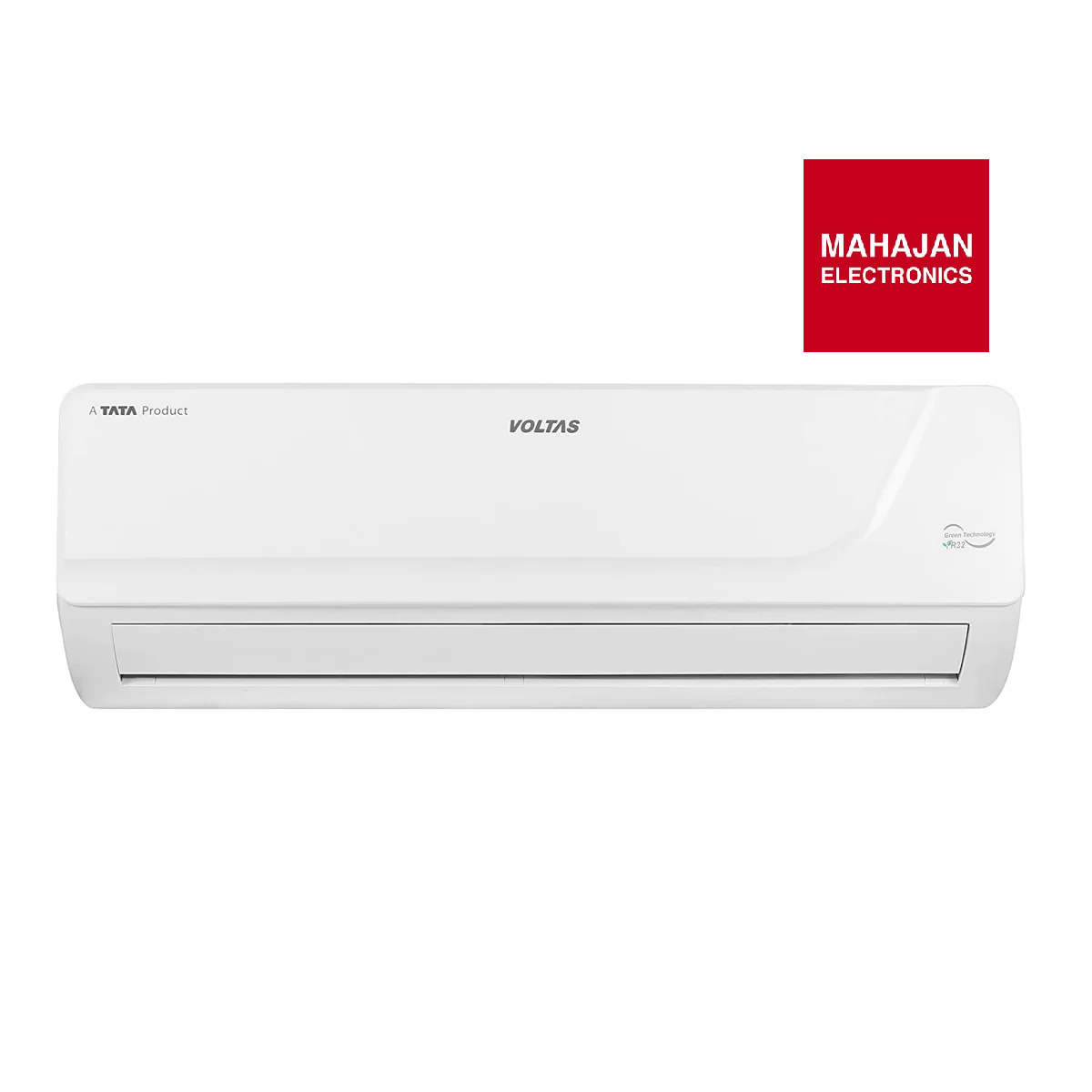 White Voltas air conditioner with Tata and Mahajan Electronics logos on a white background