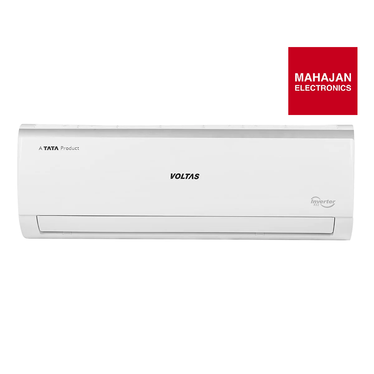 White Voltas air conditioner with Tata and Mahajan Electronics logos on a white background