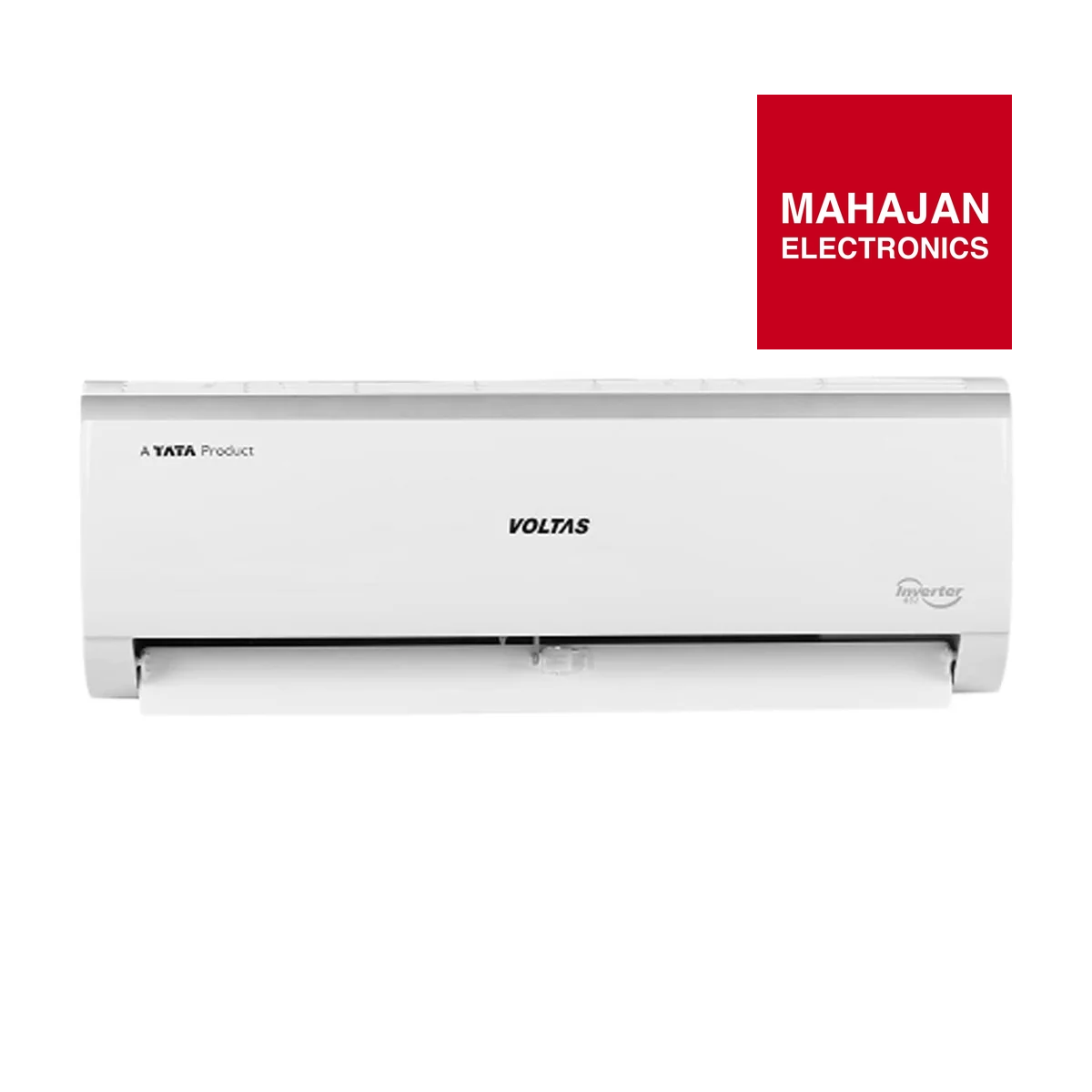 White Voltas air conditioner with Mahajan Electronics logo on a white background