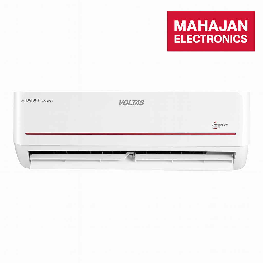White Voltas air conditioner with Tata and Mahajan Electronics branding on a white background