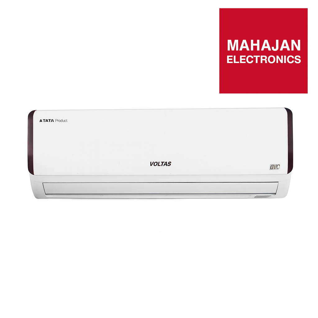 White Voltas air conditioner with Tata Power logo on a white background, featuring Mahajan Electronics branding.