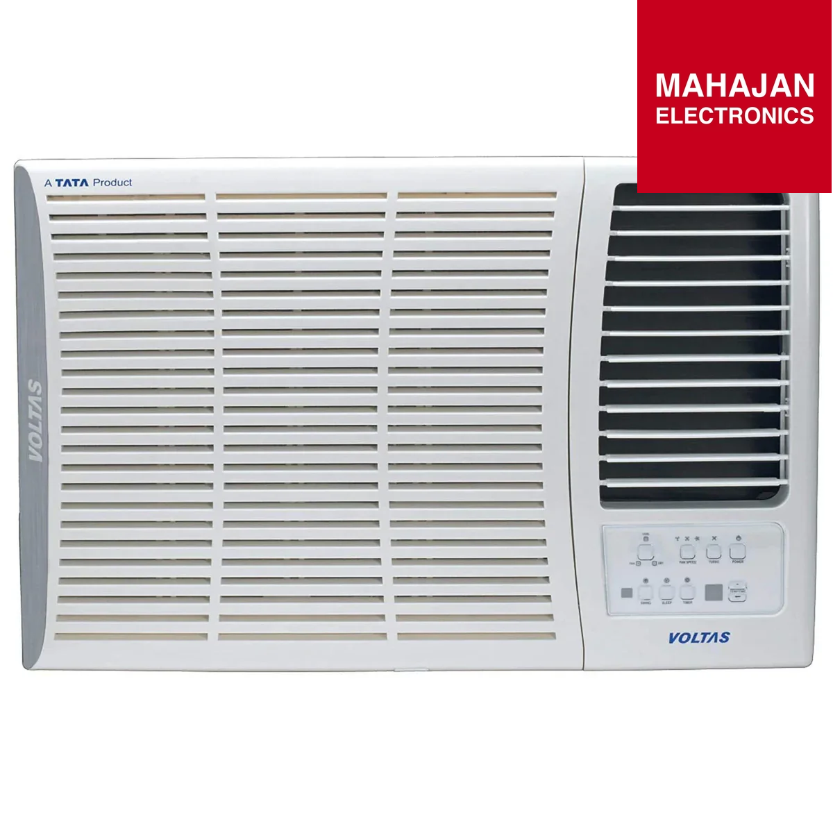 Window air conditioner with Tata and Mahajan Electronics branding on a white background