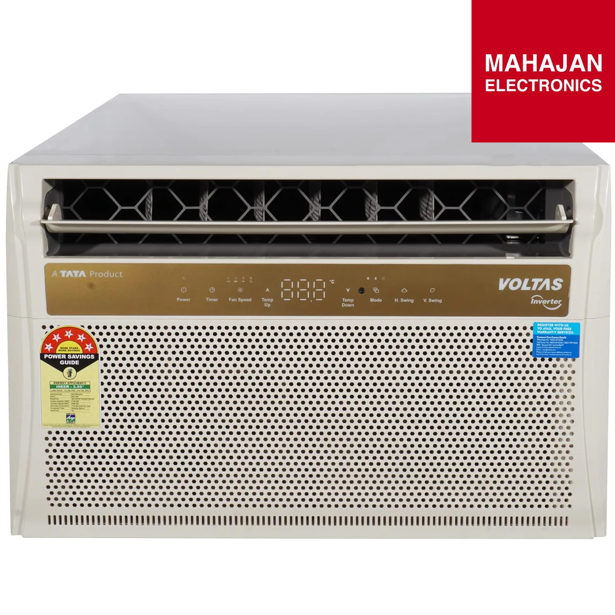 Air conditioner with Tata Power and Voltas branding on a white background, featuring the Mahajan Electronics logo.