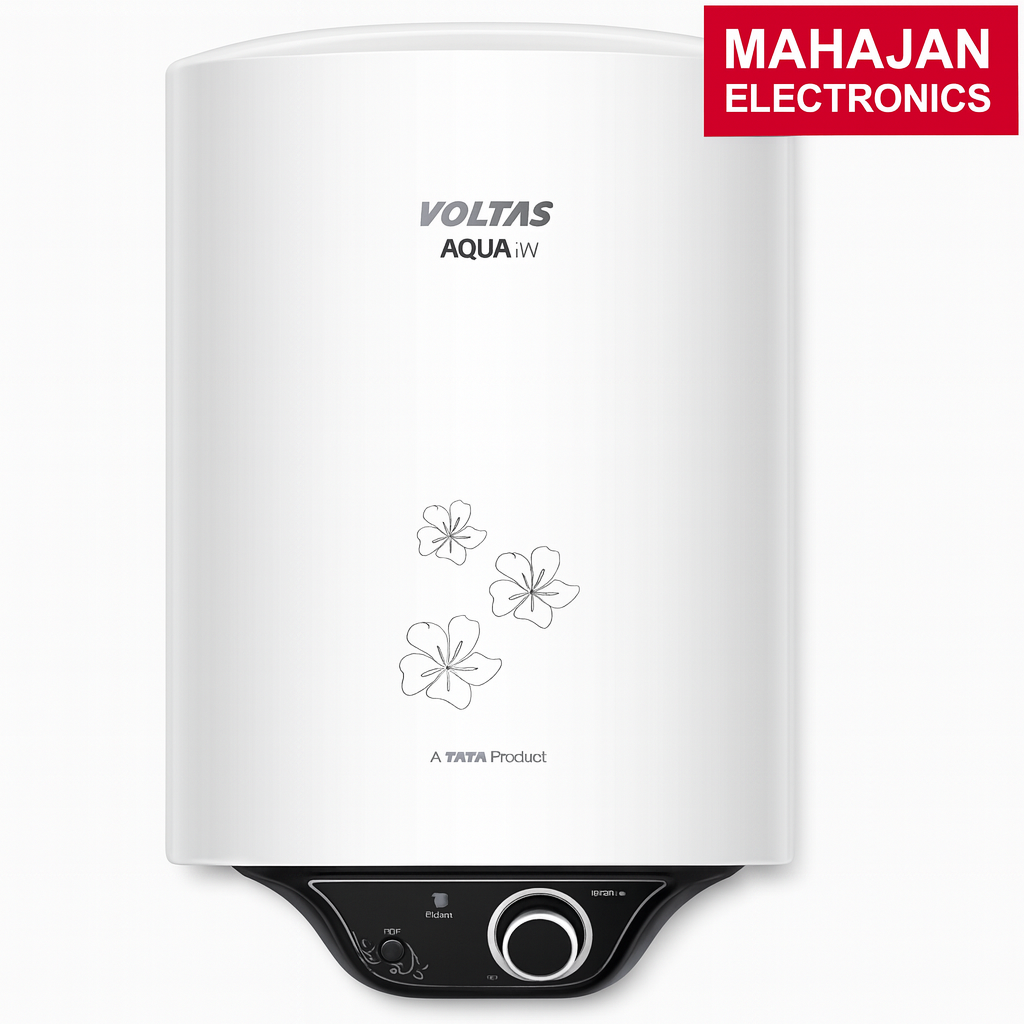 White Voltas Aqua IW water heater with Mahajan Electronics logo on a white background