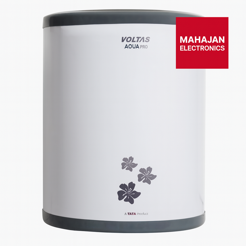 White water heater with black floral designs and Voltas Aqua Pro branding on a white background.