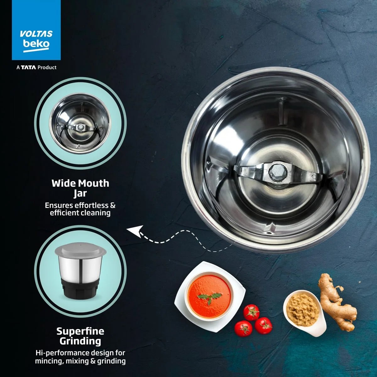 Voltas Beko 500W Mixer Grinder (G5003HP-DB, Blue) | 3 Jars | 20,000 RPM | Stainless Steel Blades | Compact Design- Online Mahajan Electronics