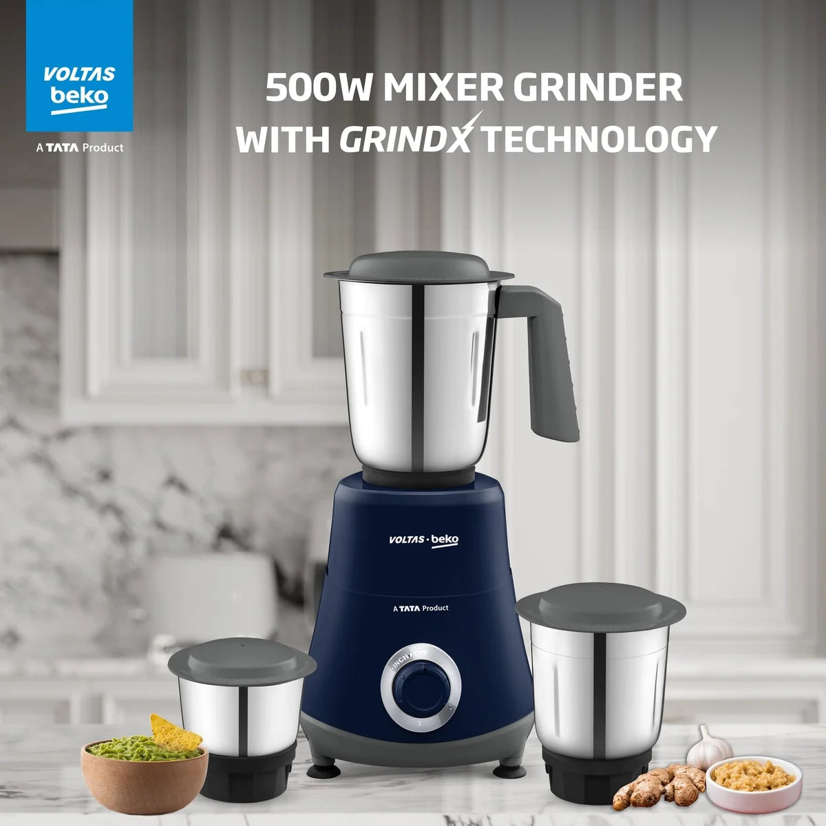 Voltas Beko 500W Mixer Grinder (G5003HP-DB, Blue) | 3 Jars | 20,000 RPM | Stainless Steel Blades | Compact Design- Online Mahajan Electronics