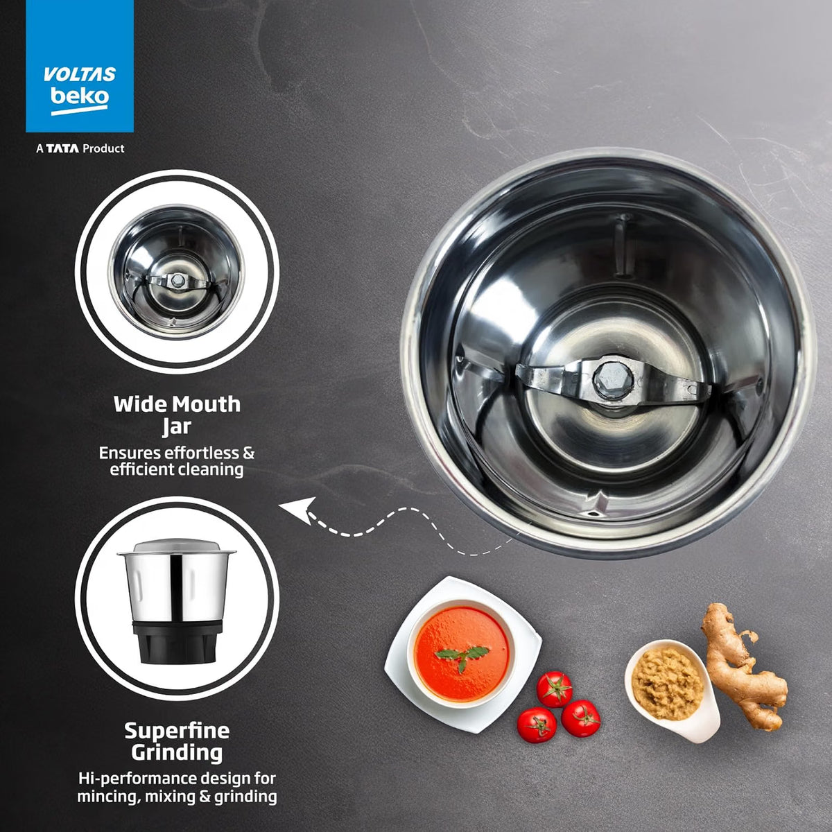Voltas Beko G5253HP-BG 525W Mixer Grinder | GrindX Technology | 3 Stainless Steel Jars | Black & Grey-Online Mahajan Electronics
