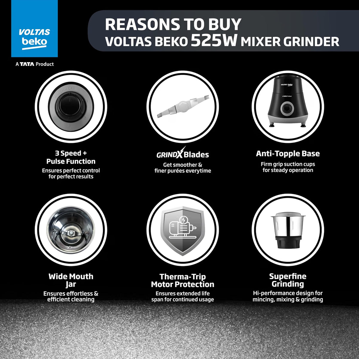 Voltas Beko G5253HP-BG 525W Mixer Grinder | GrindX Technology | 3 Stainless Steel Jars | Black & Grey-Online Mahajan Electronics