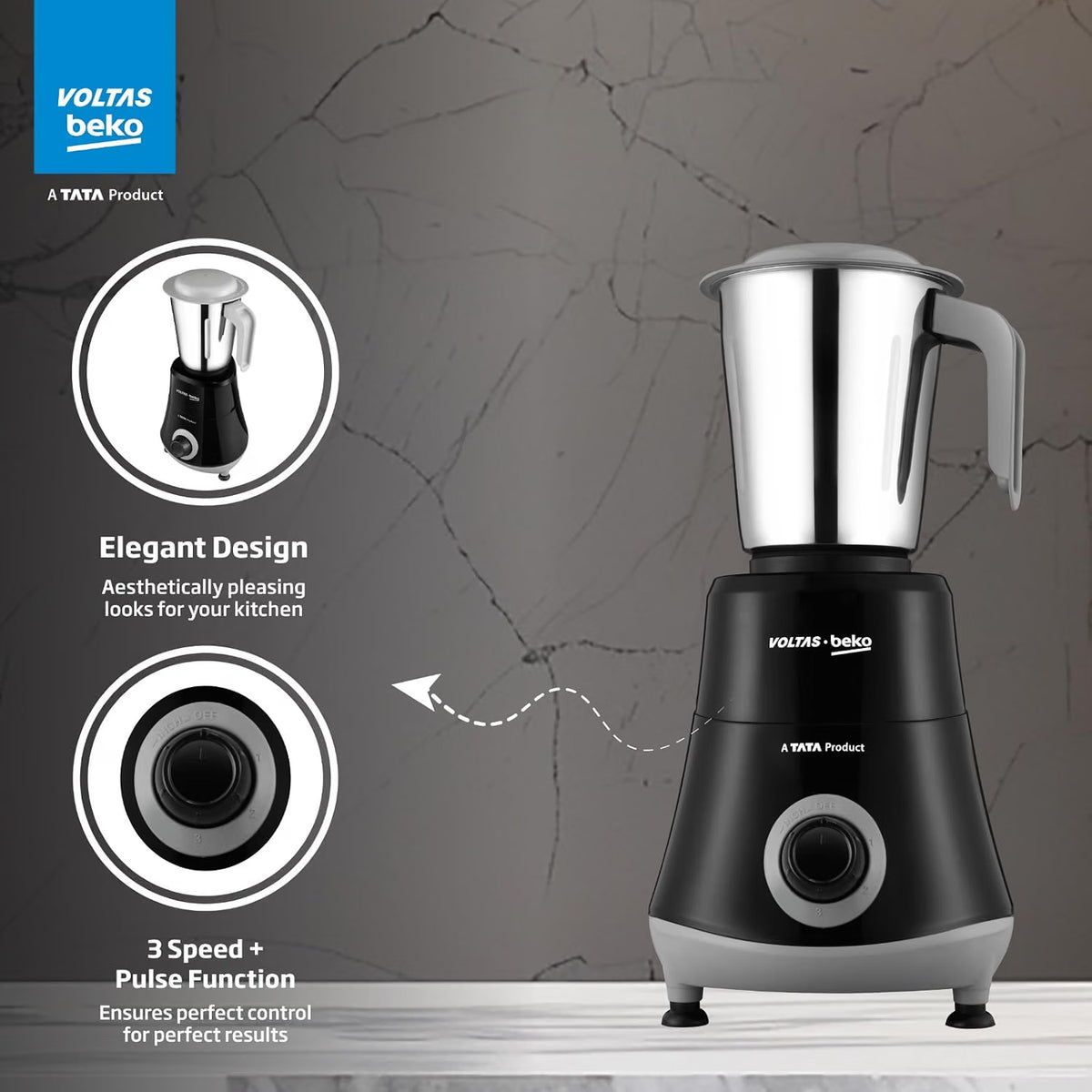 Voltas Beko G5253HP-BG 525W Mixer Grinder | GrindX Technology | 3 Stainless Steel Jars | Black & Grey-Online Mahajan Electronics