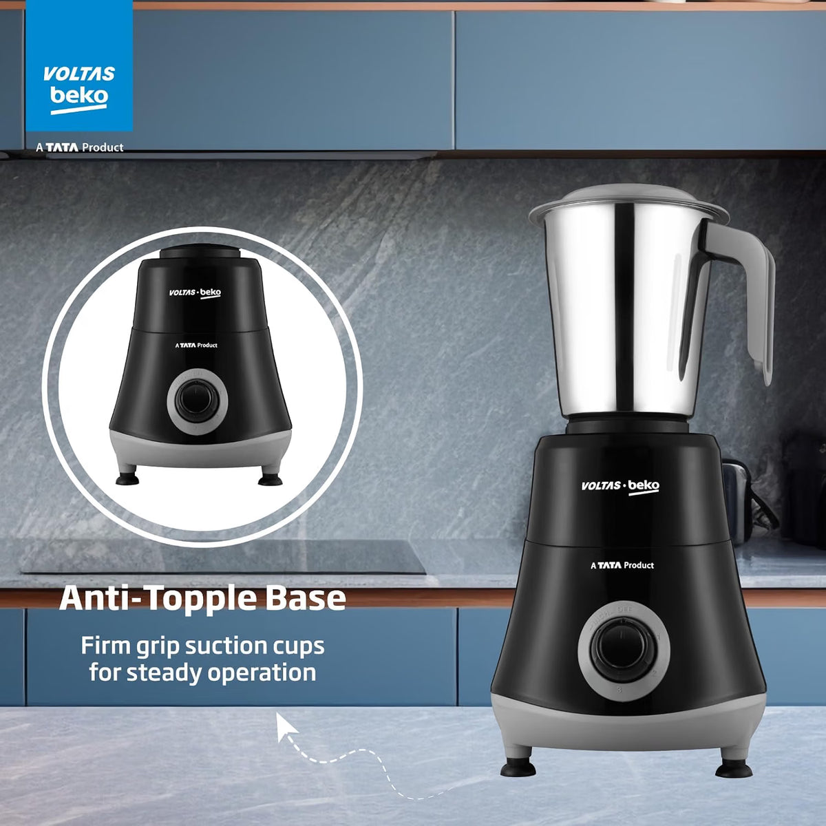 Voltas Beko G5253HP-BG 525W Mixer Grinder | GrindX Technology | 3 Stainless Steel Jars | Black & Grey-Online Mahajan Electronics