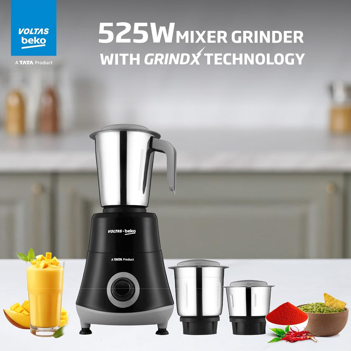 Voltas Beko G5253HP-BG 525W Mixer Grinder | GrindX Technology | 3 Stainless Steel Jars | Black & Grey-Online Mahajan Electronics