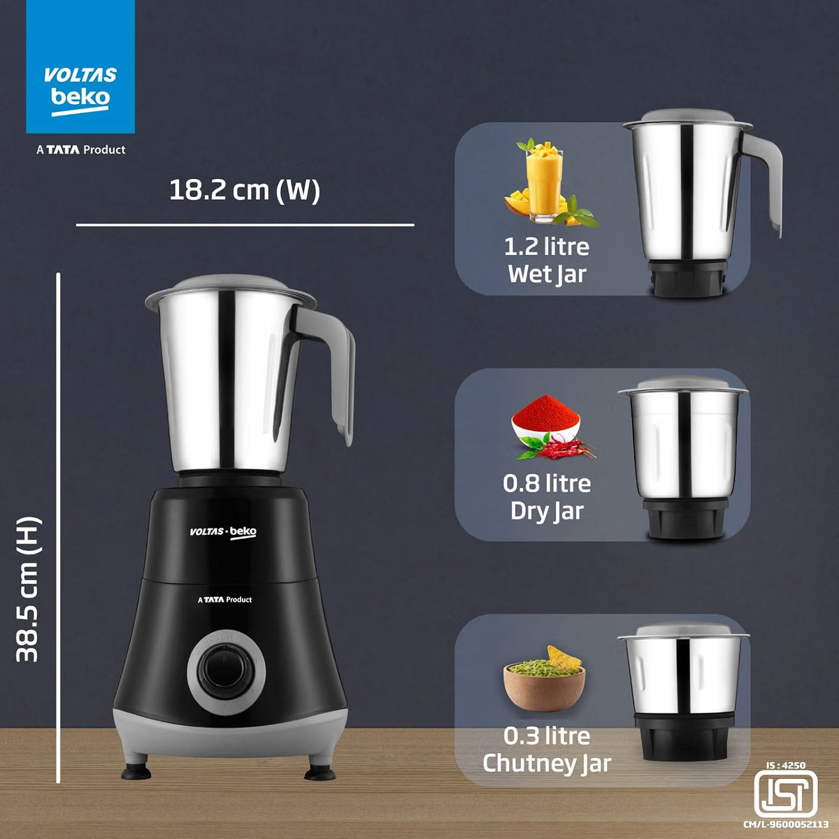 Voltas Beko G5253HP-BG 525W Mixer Grinder | GrindX Technology | 3 Stainless Steel Jars | Black & Grey-Online Mahajan Electronics