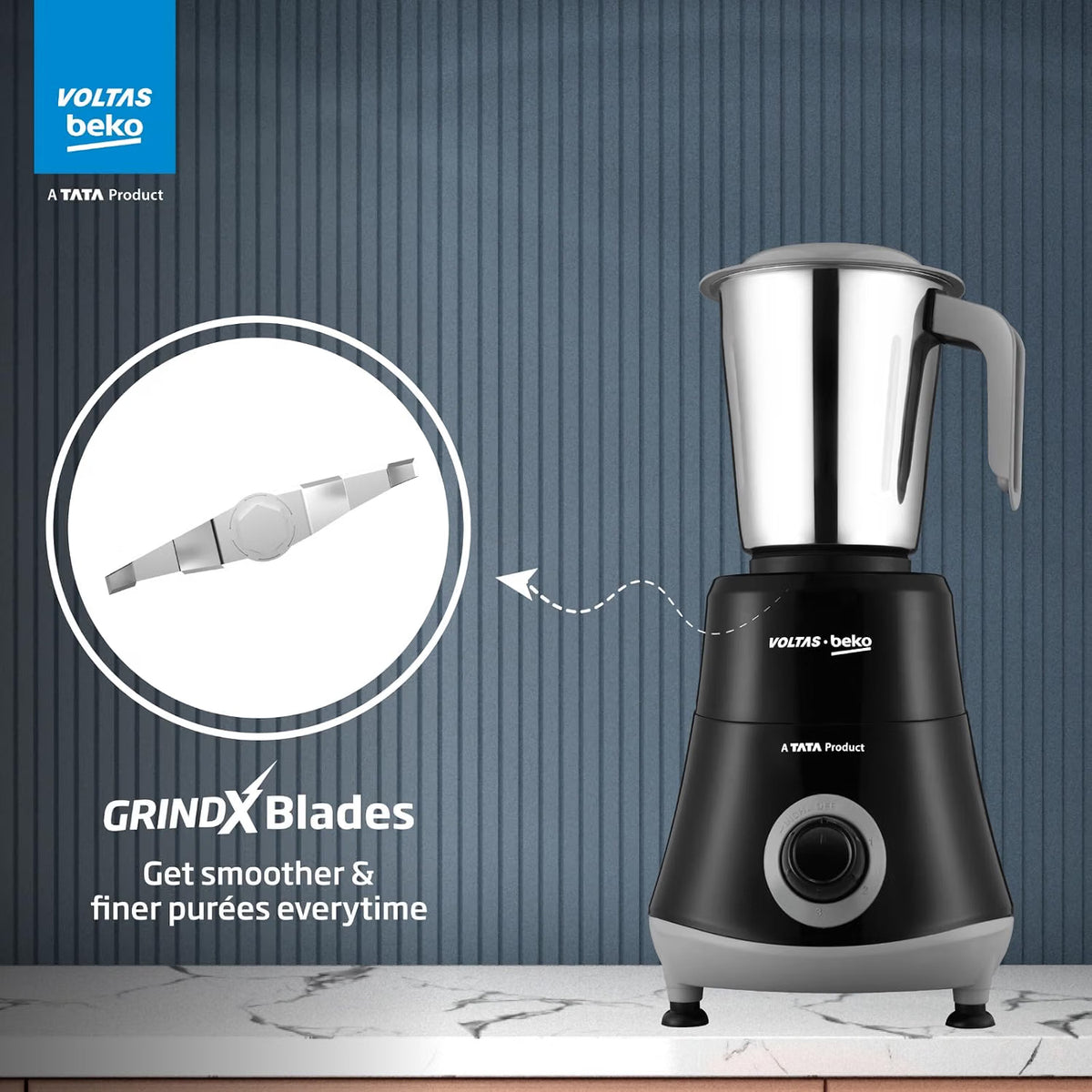 Voltas Beko G5253HP-BG 525W Mixer Grinder | GrindX Technology | 3 Stainless Steel Jars | Black & Grey-Online Mahajan Electronics