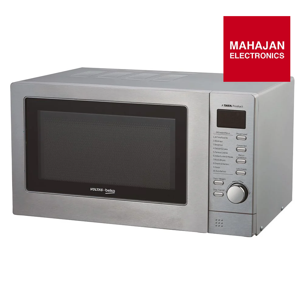 Stainless steel microwave oven with Mahajan Electronics logo on a white background