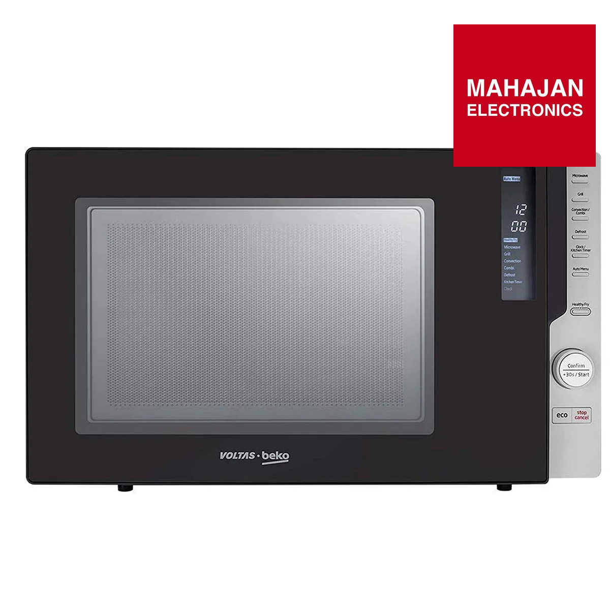 Black microwave oven with Volta Beko branding on a white background, featuring Mahajan Electronics logo.