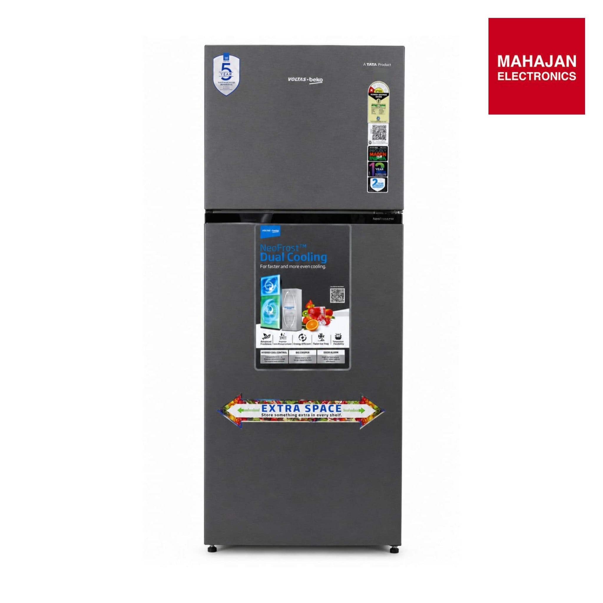Voltas Beko RFF374D/1WPV100RXBD  325L 1 Star Frost Free Double Door Refrigerator | Wooden Black | ProSmart Inverter Compressor-Online Mahajan Electronics