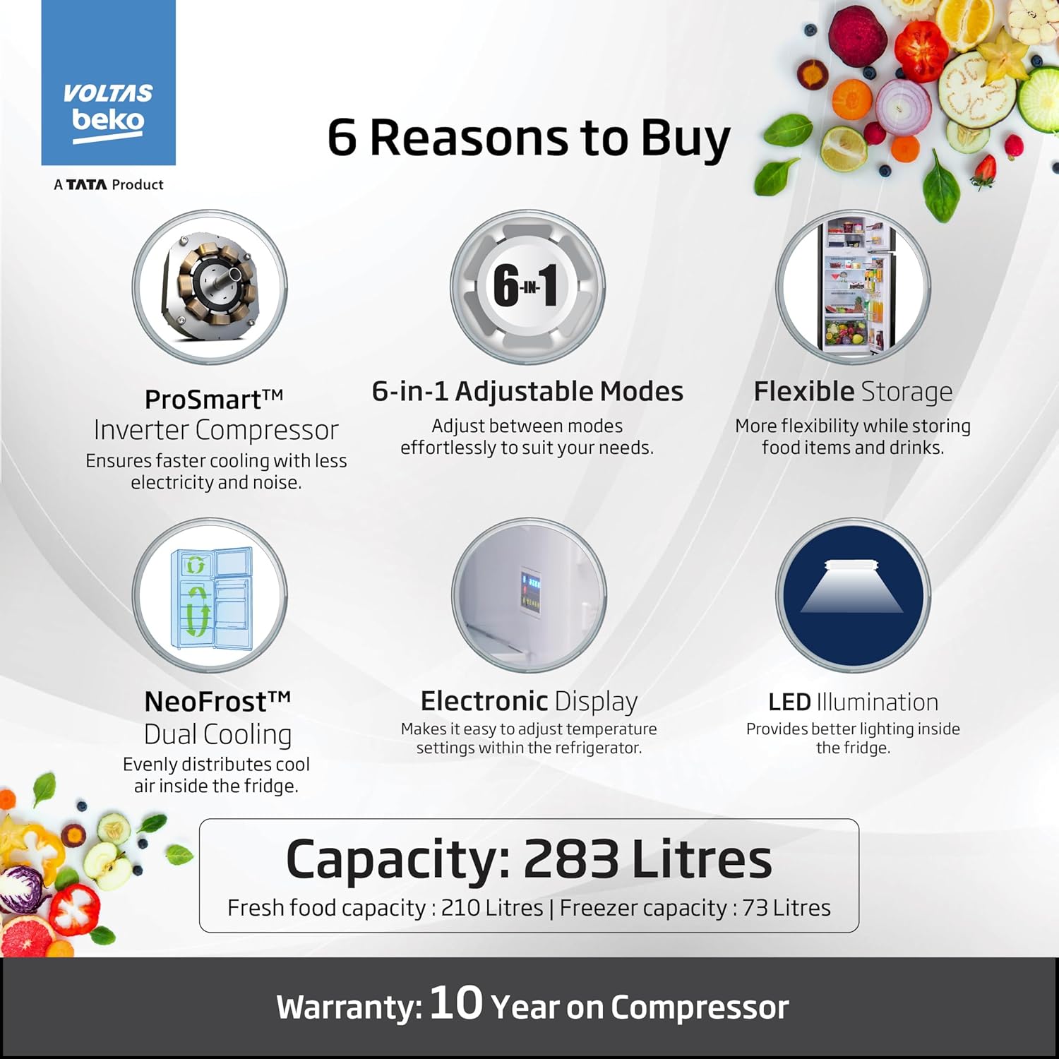 Voltas Beko RFF334D/1WPV100RXID 283L 1 Star Frost Free Double Door Refrigerator | Hairline Silver | ProSmart Inverter Compressor-Oline Mahajan Electronics