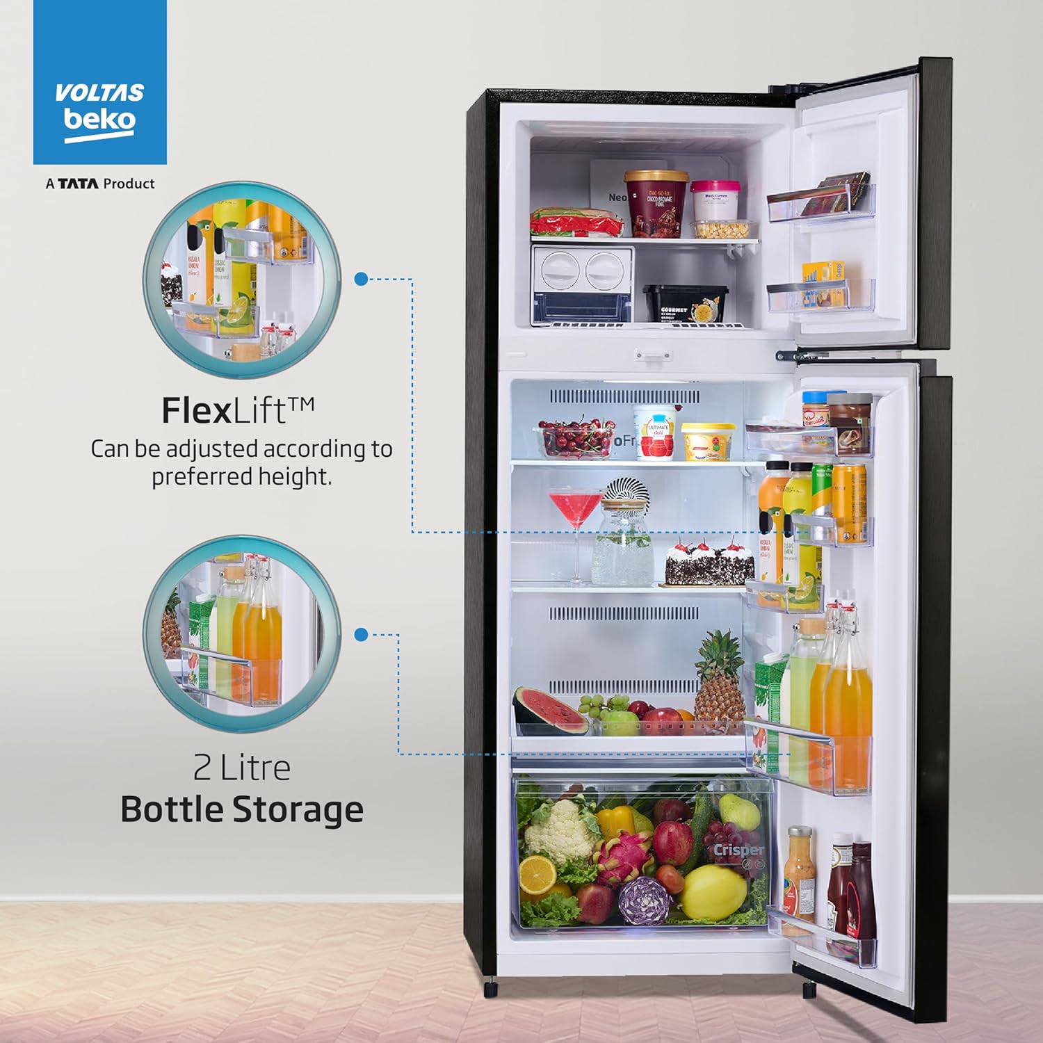 Voltas Beko RFF374D/1WPV100RXID  325L 1 Star Frost Free Double Door Refrigerator | Hairline Silve | ProSmart Inverter Compressor-Online Mahajan Electronics