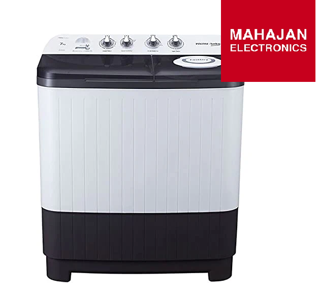 White and black washing machine with Mahajan Electronics logo on a white background