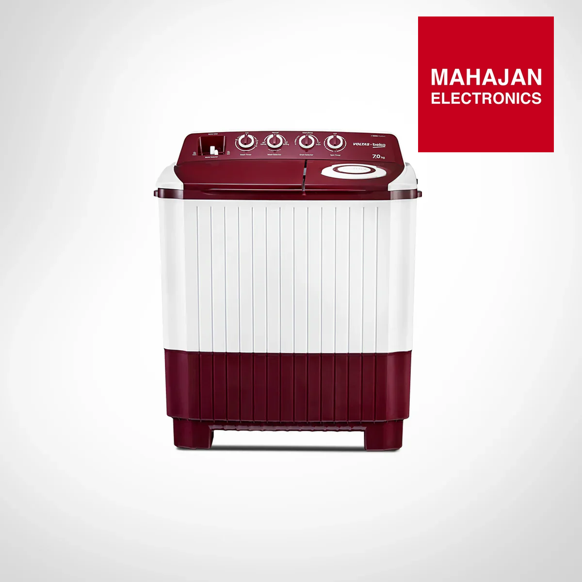 Red and white washing machine with Mahajan Electronics logo on a light gray background