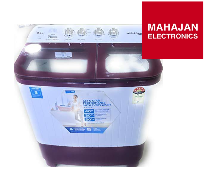 Voltas Beko WTT85DBRG 8.5 Kg Semi-Automatic Top Load Washing Machine | 5 Star Energy Rating | Double Waterfall | Fast Dry | 1350 RPM | Mahajan Electronics Delhi NCR