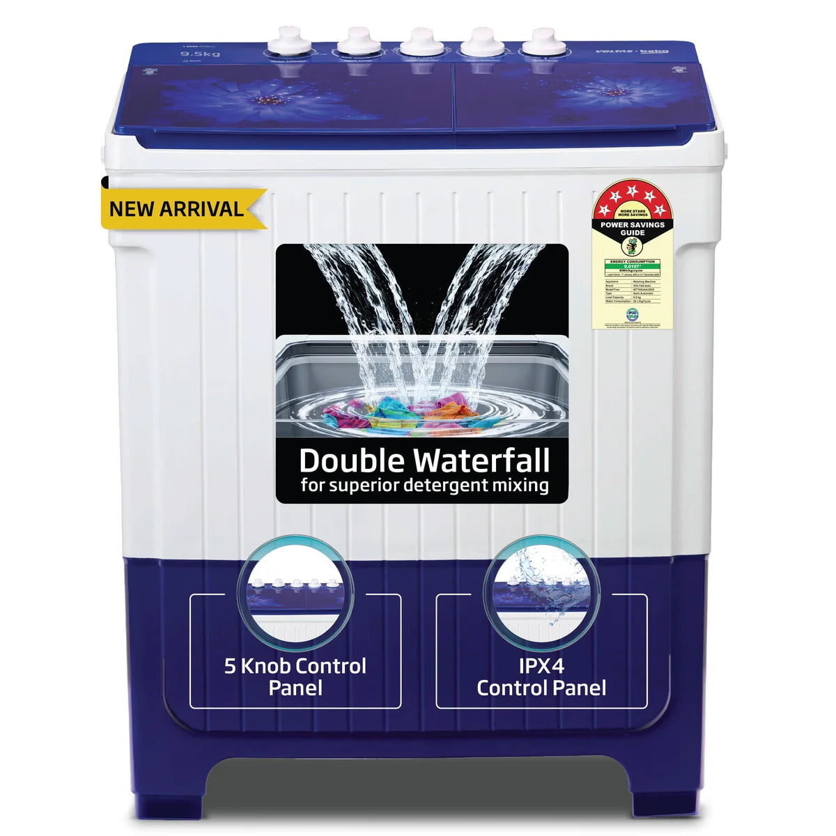 Voltas Beko WTT95UAA/BLSSWH5GFD 9.5 Kg Semi Automatic Top Load Washing Machine | 5 Star | Super Wave Pulsator | Color Blue-Online Mahajan Electronics