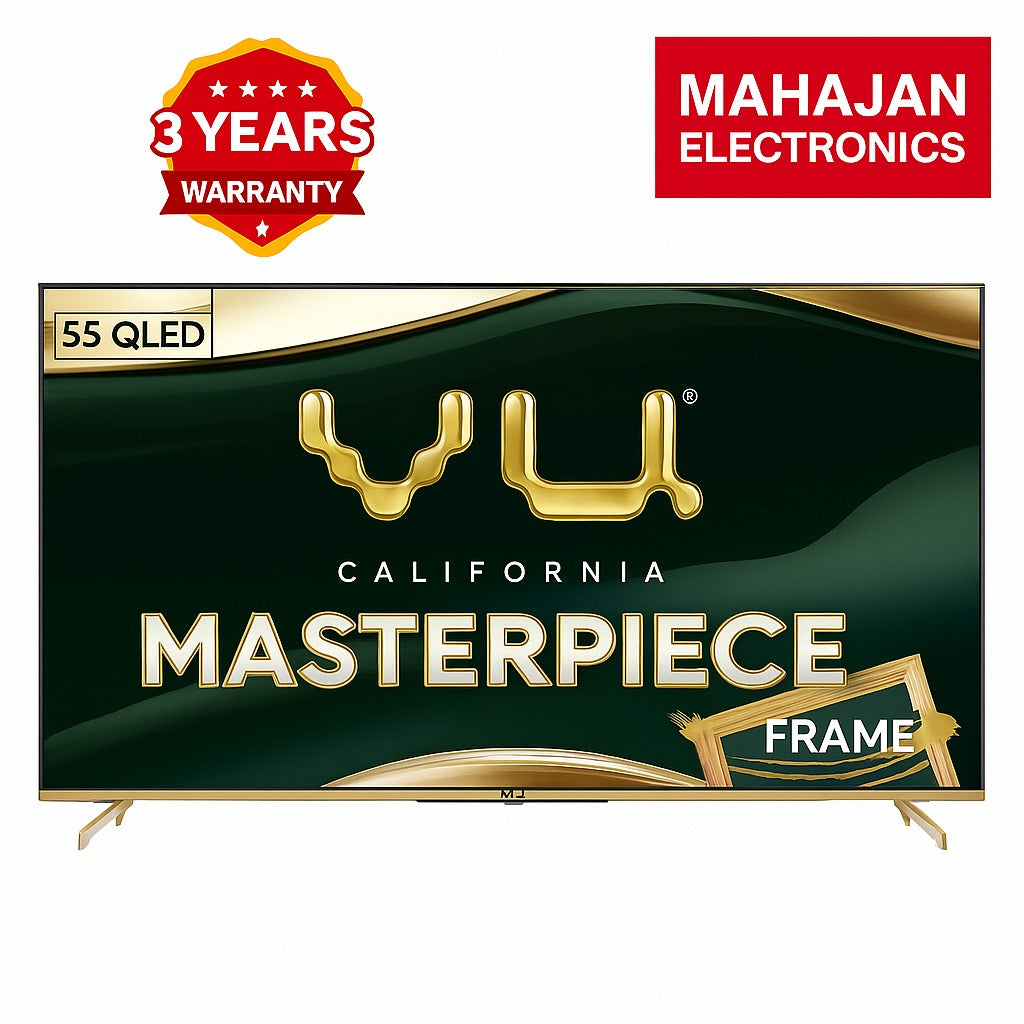 TV with WU brand logo and Mahajan Electronics logo on a white background
