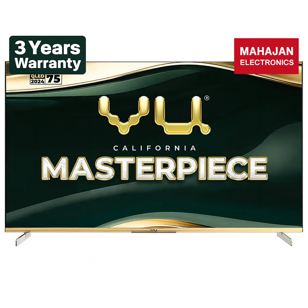 TV with 'VU' brand logo and 'California Masterpiece' text on a green background