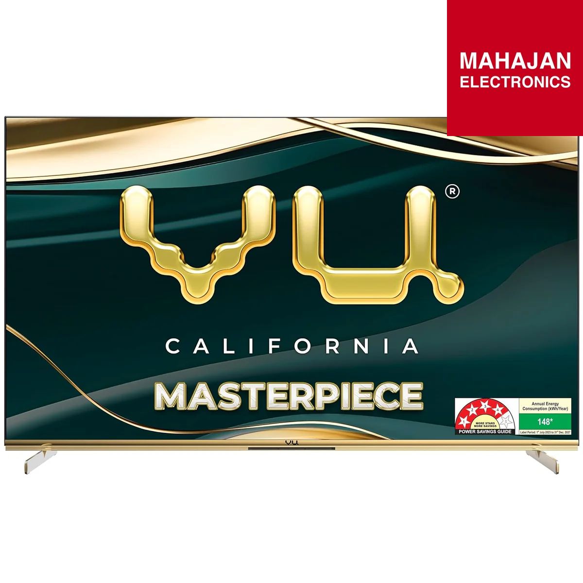 TV with VUI branding and Mahajan Electronics logo on a white background