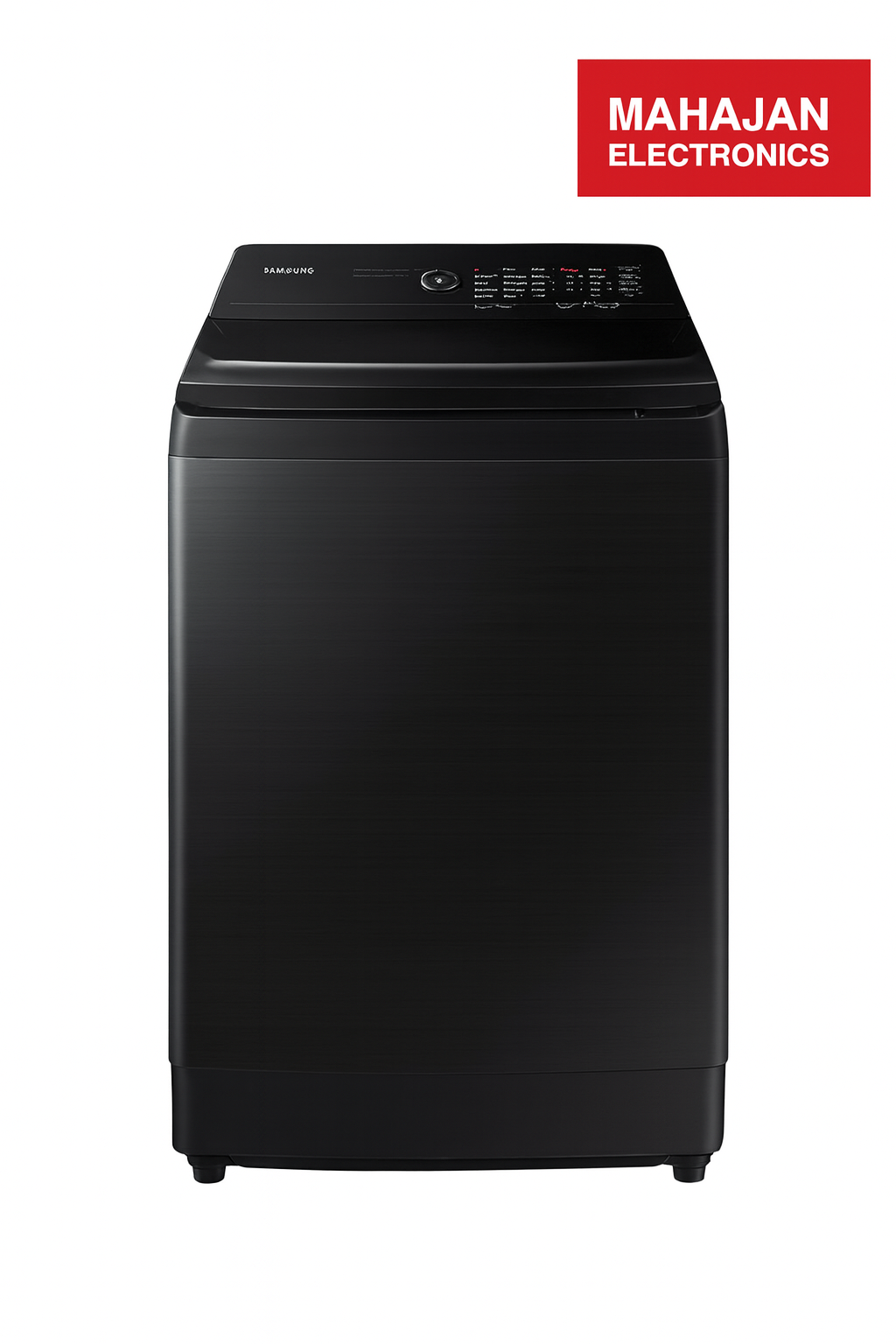 Black washing machine with Mahajan Electronics logo on a white background