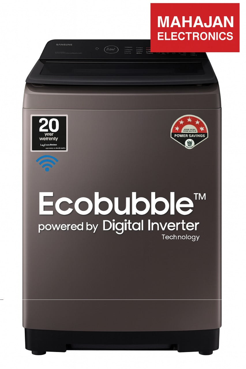 Black washing machine with 'Ecobubble' and 'Digital Inverter' branding, featuring Mahajan Electronics logo.