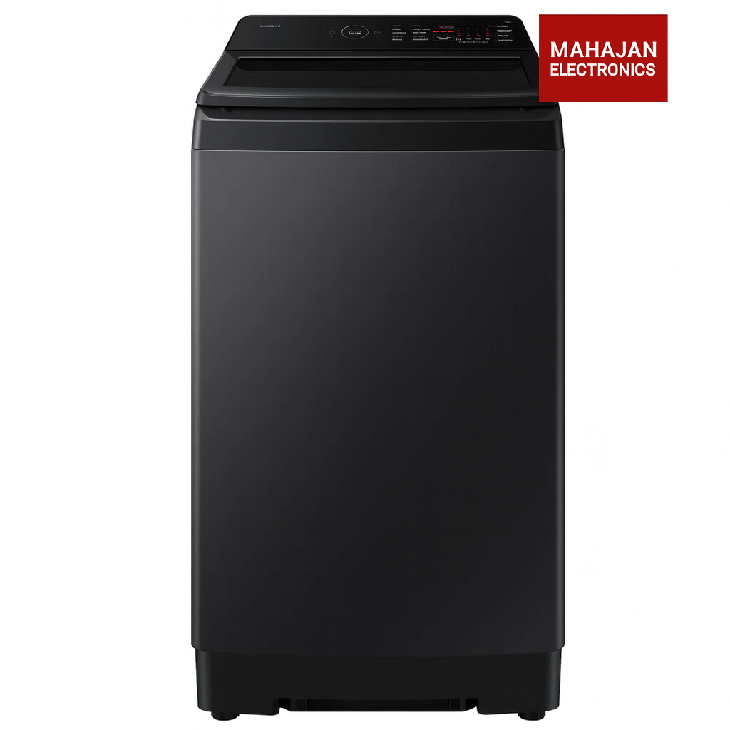 Black washing machine with Mahajan Electronics logo on a white background