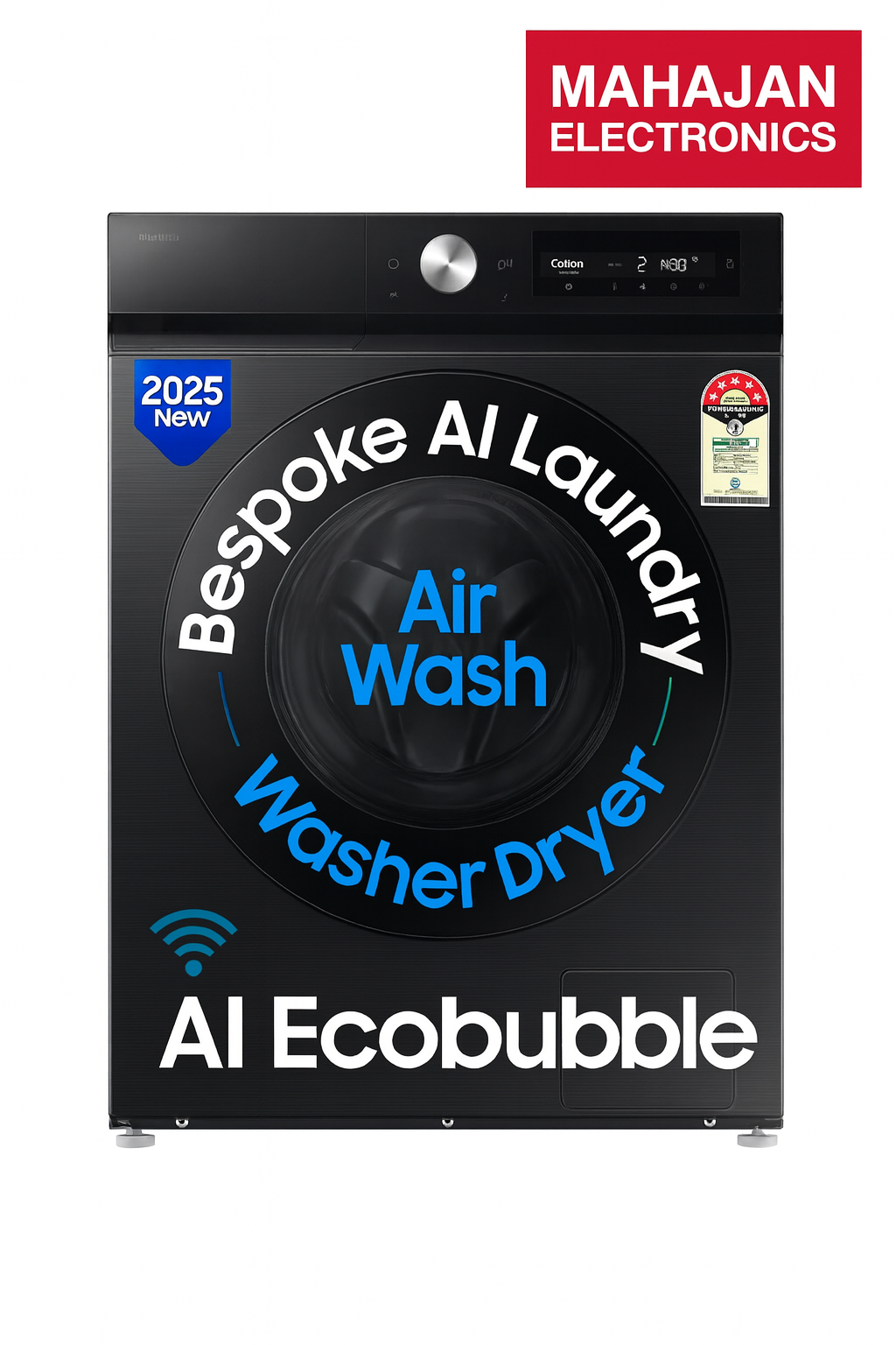 Black washer dryer with 'Bespoke AI Laundry Air Wash Washer Dryer' text and 'AI Ecobubble' branding on a white background.