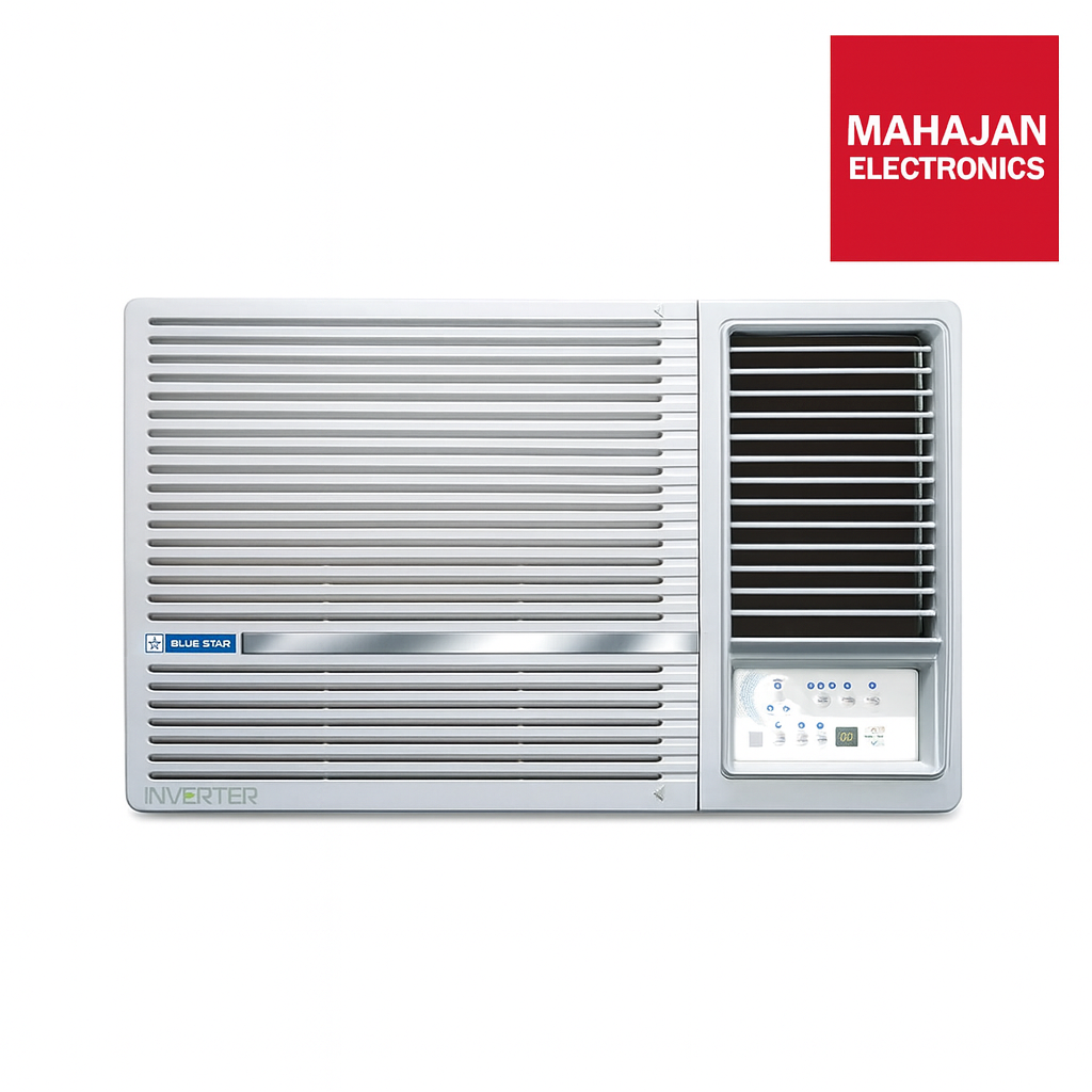 Window air conditioner with Mahajan Electronics logo on a white background