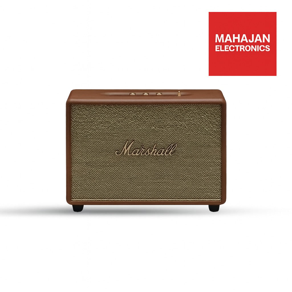 Brown Marshall speaker with Mahajan Electronics logo on a white background