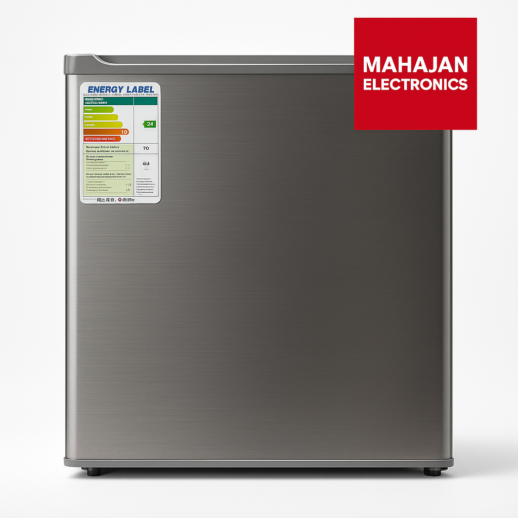 Silver refrigerator with energy label and Mahajan Electronics logo on a white background
