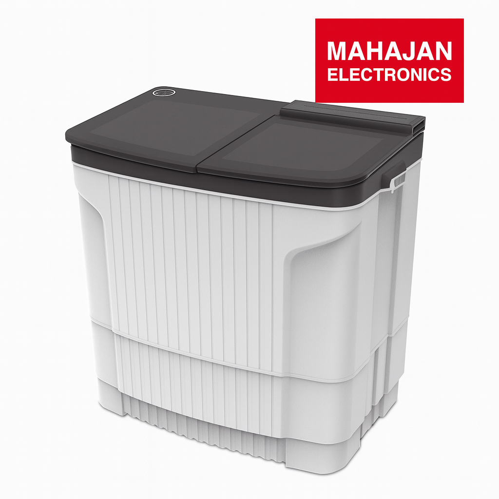 Stackable storage bins with a dark gray lid on a white background, featuring the Mahajan Electronics logo.