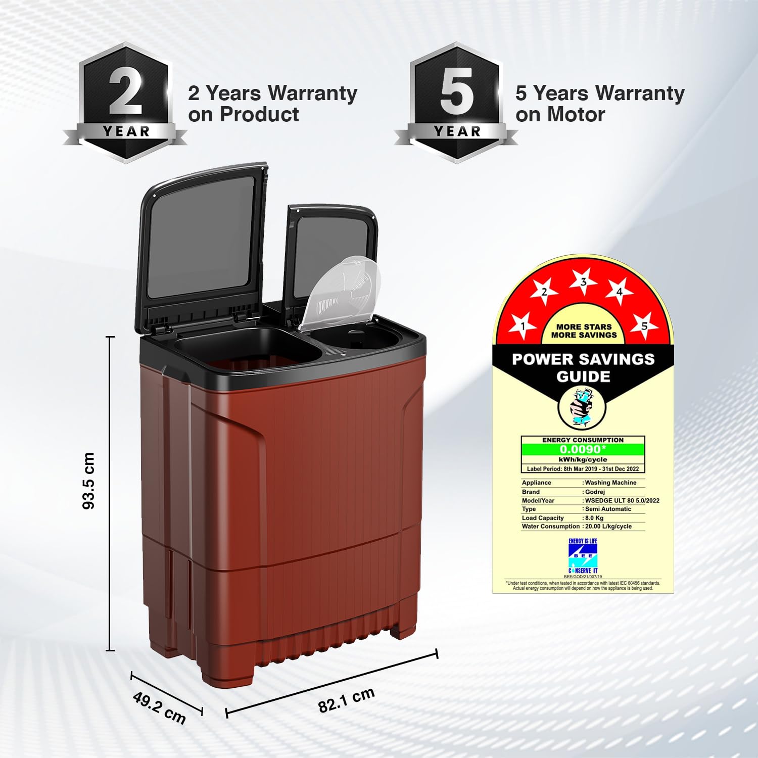 Godrej WSEDGE ULT 80 5.0 DB2M CSRD 8 Kg 5 Star With 460 PowerMax Wash Motor Boderless Design ( Crystal Red, With Toughened Glass Lid) - Mahajan Electronics Online