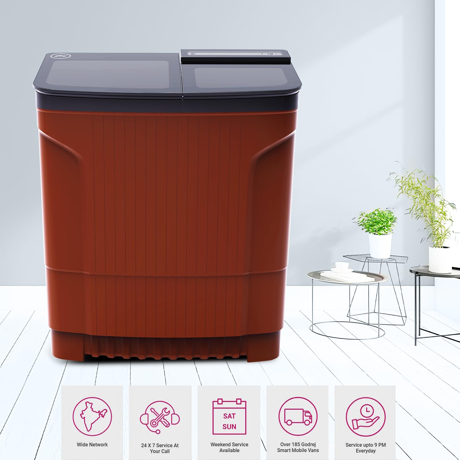 Godrej WSEDGE ULT 80 5.0 DB2M CSRD 8 Kg 5 Star With 460 PowerMax Wash Motor Boderless Design ( Crystal Red, With Toughened Glass Lid) - Mahajan Electronics Online