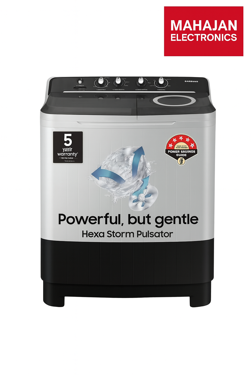 Washing machine with Mahajan Electronics logo on a white background