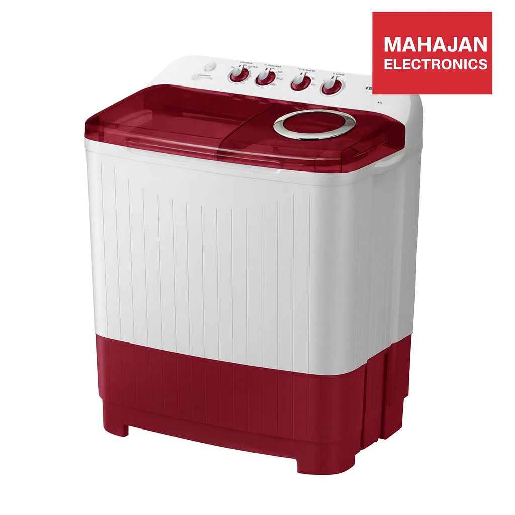 Red and white washing machine with Mahajan Electronics logo on a white background