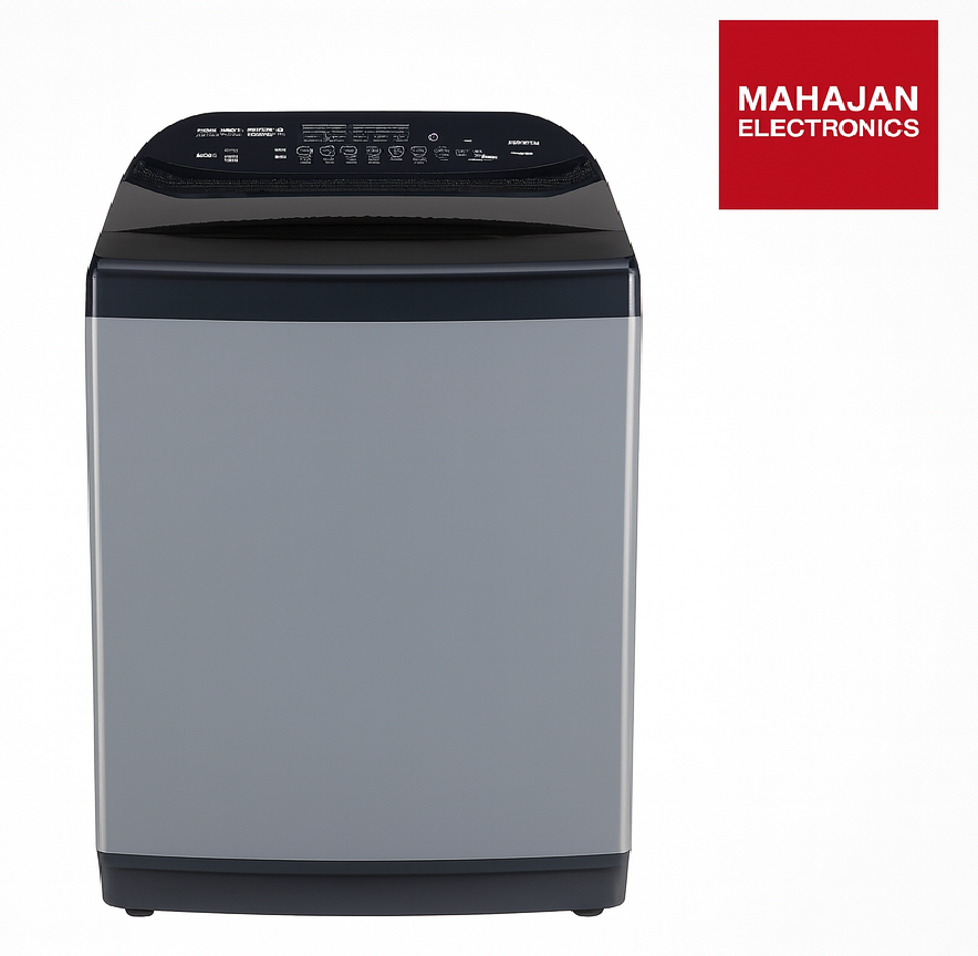 Gray washing machine with Mahajan Electronics logo on a white background
