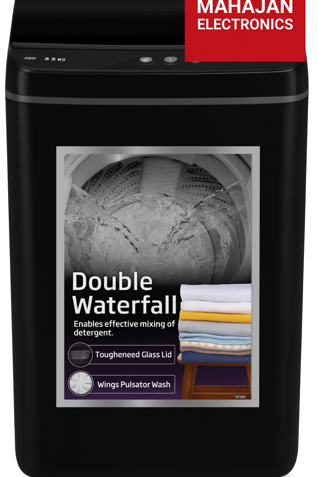 Black appliance with a label for 'Double Waterfall' feature and 'Wings Pulsator Wash' on a Mahajan Electronics background.