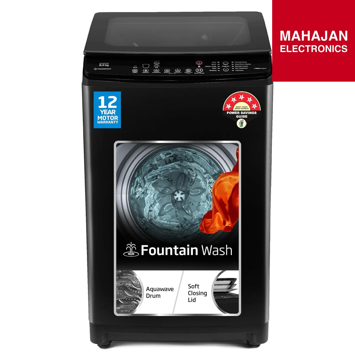 Black washing machine with 'Fountain Wash' branding on a white background, featuring Mahajan Electronics logo.