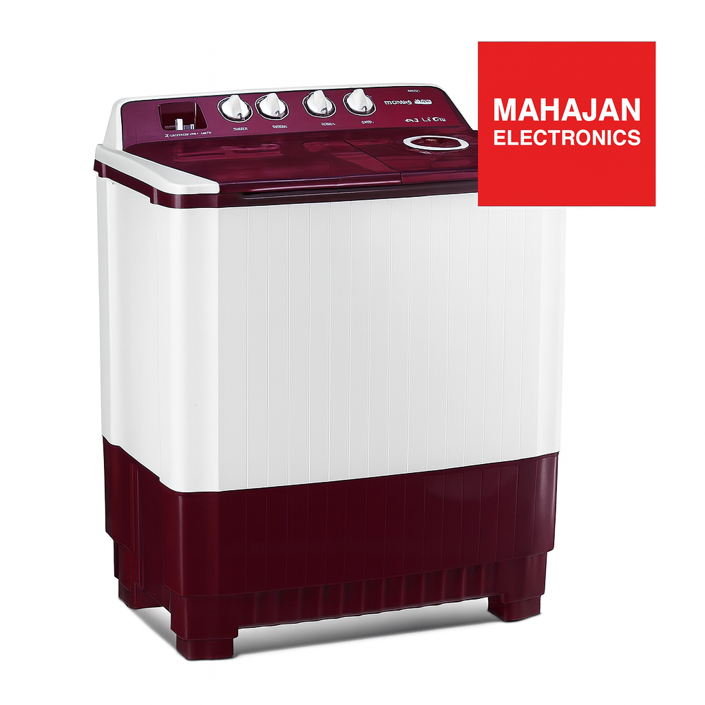 Maroon and white washing machine with Mahajan Electronics logo on a white background