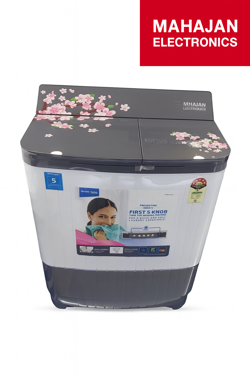 Washing machine with floral design on top, brand 'Mahajan Electronics' visible