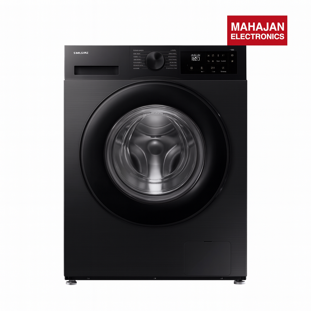 Black Samsung washing machine with Mahajan Electronics logo on a white background